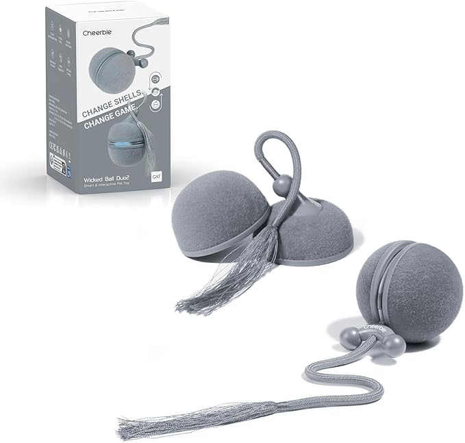 Cheerble Interactive Cat Toys for Indoor Cats - Wicked Ball Duo 2 Automatic Cat Toy with Dual Interchangeable Shells, Electronic Pet Toy with Bird Chirping Sounds, Rolling Cat Toy for Kittens, Blue