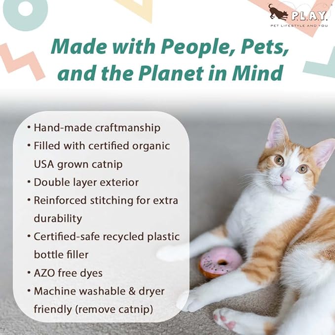 P.L.A.Y. Cute Cat Toys - Feline Frenzy Dessert Food Themed Organic Catnip Filled Toy, Great for Adult Cats and Kittens - Machine Washable, Recycled Materials, Crinkles (Kitty Kreme Donuts, Set of 3)