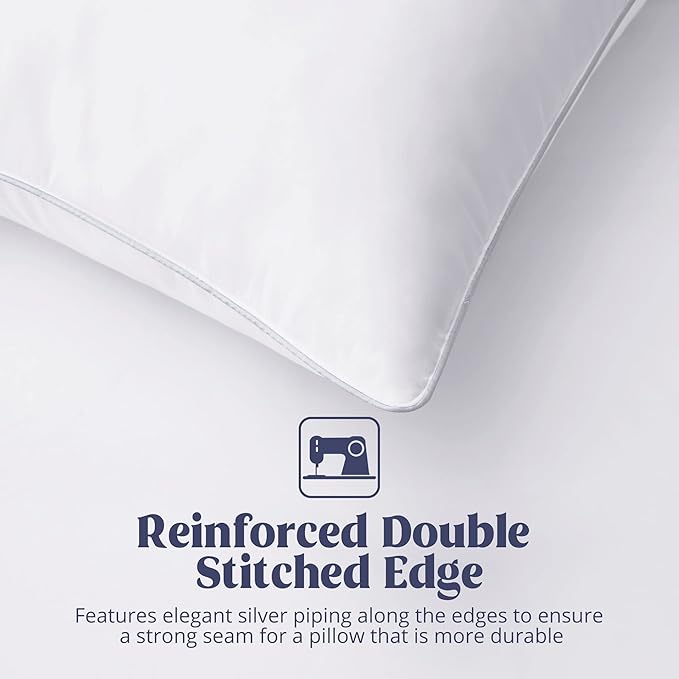 puredown® Goose Feathers Bed Pillows, 100% Cotton Cover, King Size Hotel Collection Pillows Set of 2 for Sleeping with Silver Piping, Feather and Polyester Filling