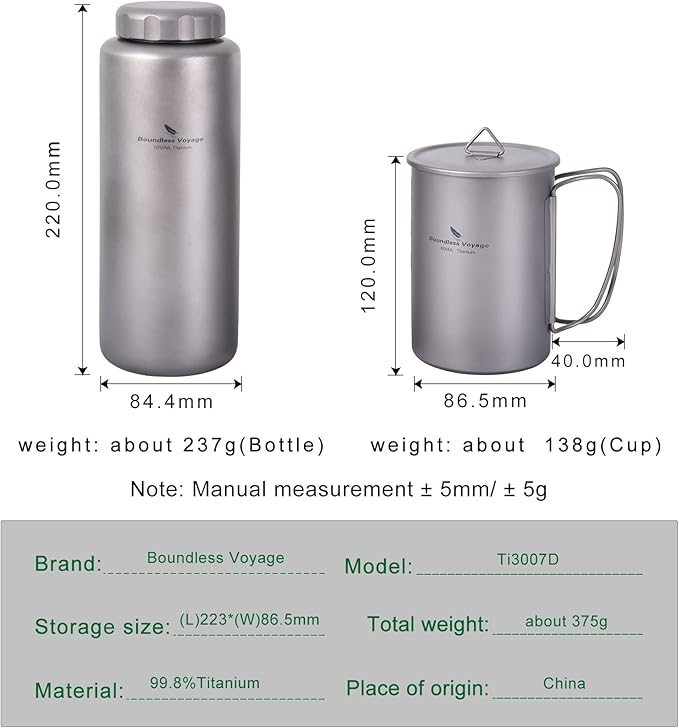 iBasingo 1050ml Titanium Bottle 600ml Nesting Cup Outdoor Camping Single Layer Wide Mouth Cookware Lightweight Portable Bottle Mug Hiking Picnic Solo Cooking Mess Kit