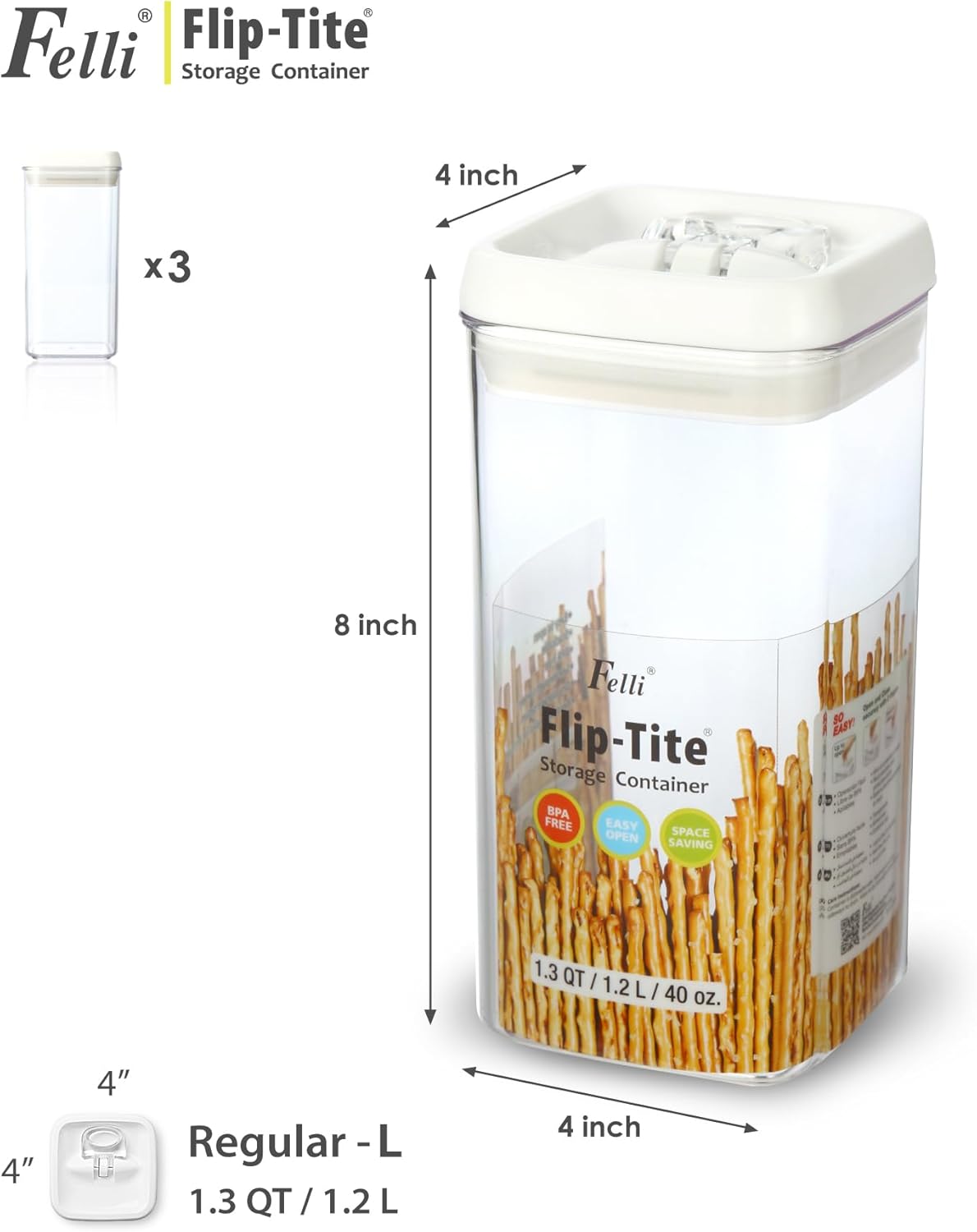 Felli Flip Tite Food Storage Container with Lid Airtight 4" Ring Seal Flip Top, Stackable Acrylic Canister Jar for Pantry Kitchen Counter, Snack Coffee Bean Granola Pet Treats Cracker Holder (1.2 L)