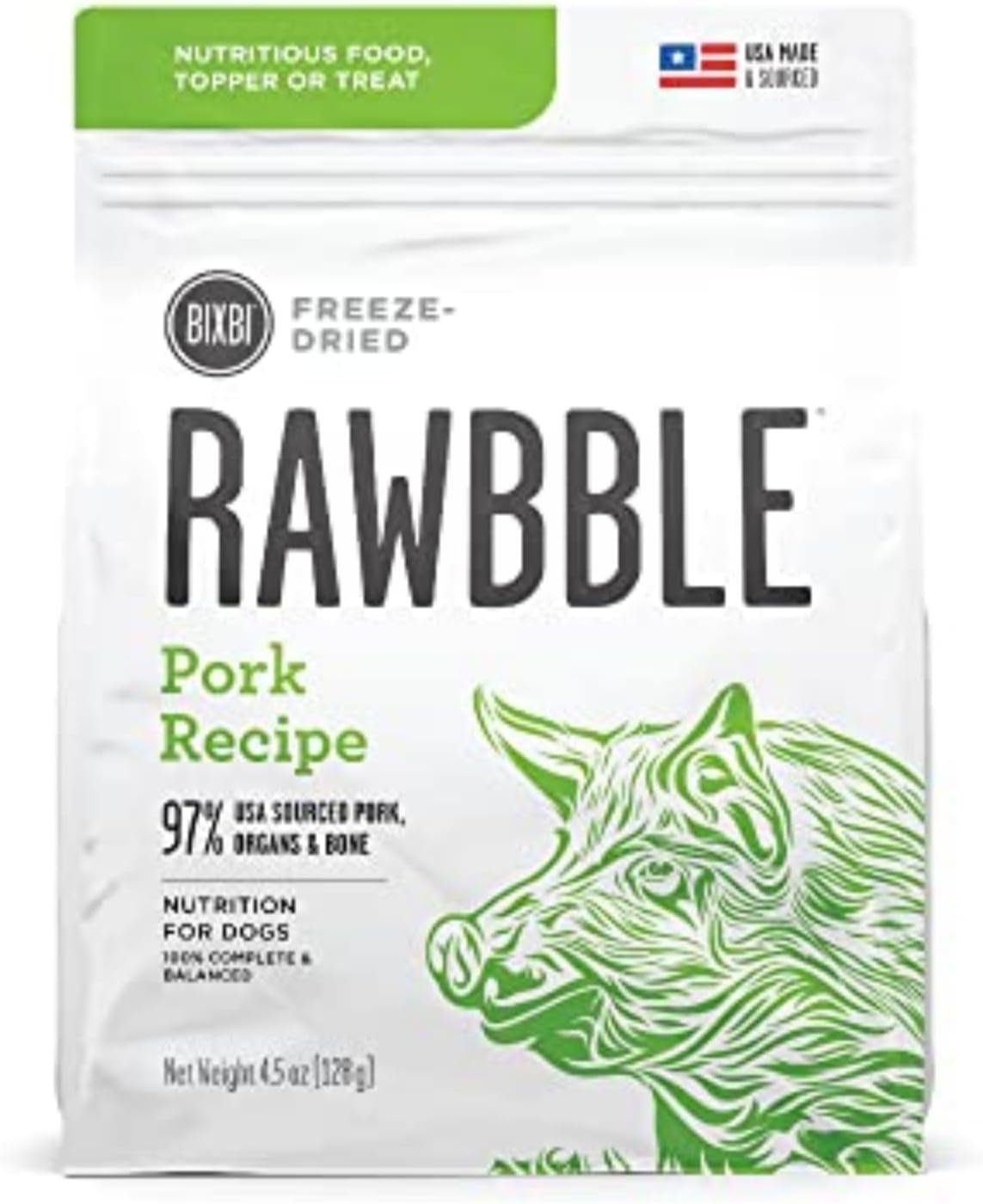 BIXBI Rawbble Freeze Dried Dog Food, Pork Recipe, 4.5 oz - 97% Meat and Organs, No Fillers - Pantry-Friendly Raw Dog Food for Meal, Treat or Food Topper - USA Made in Small Batches