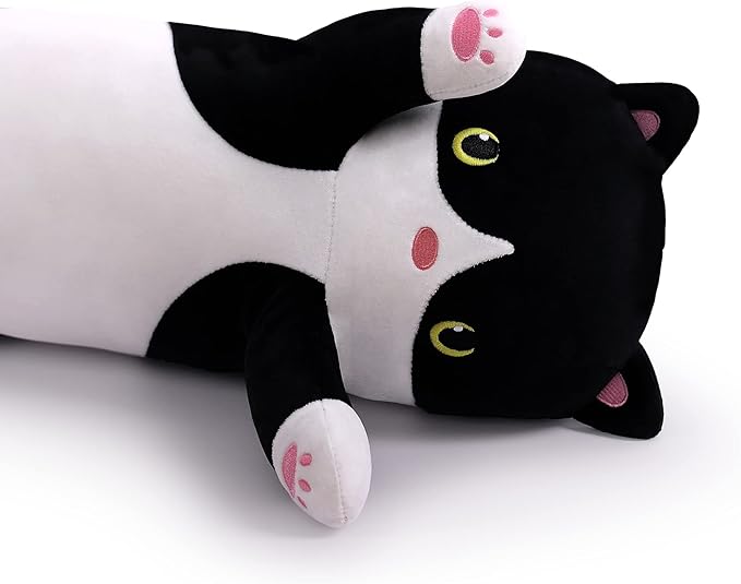 Soft Plush Cute Cat Body Pillow, Long Stuffed Cat Plush Toy Kitten Throw Pillow Gift for Kids, Girlfriend (90CM, Black)