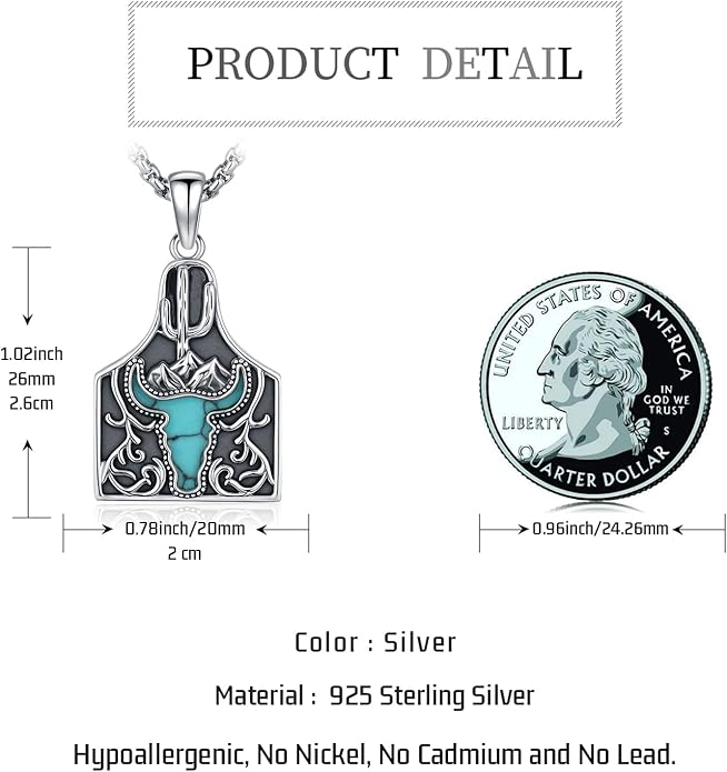 Midir&Etain Western Necklace 925 Sterling Silver Turquoise Pendant Cow Skull/Hat/Tag/Cactus Cowgirl Country Jewelry for Women Men