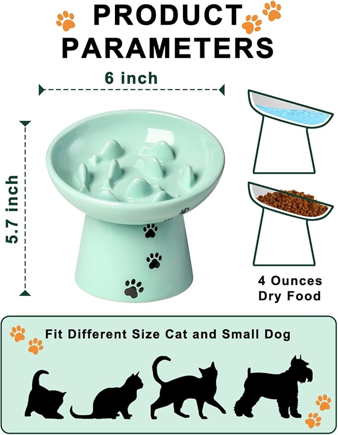 Y YHY 6 Inches Cat Slow Feeder Bowl, Elevated Dog Feeder, Ceramic Anti-Vomiting Bowl for Dry and Wet Food, Green