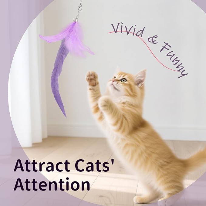 SONGWAY Cat Wand Toys for Indoor Cats - Cat Toy Set with Retractable Teaser Wand and 6 PCS Fairy Feather Toy Refills, Dragonfly Tassel Cat Toys Interactive, Purple