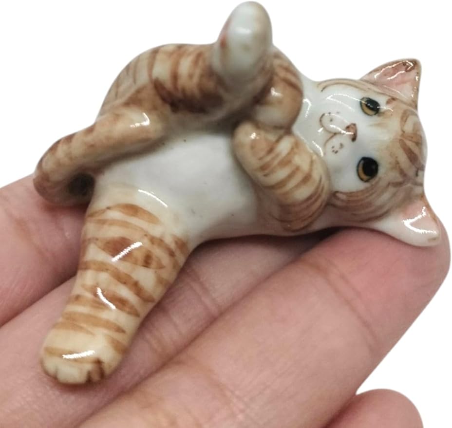 WitnyStore Tiny 1¾" Long White Brown Tabby Shorthair Cat Lying Leg Up Figurine - Miniature Hand Made Painted Ceramic Cats Kitten Feline Animals Cute Porcelain Decorative Collectible Figure Décor Gifts