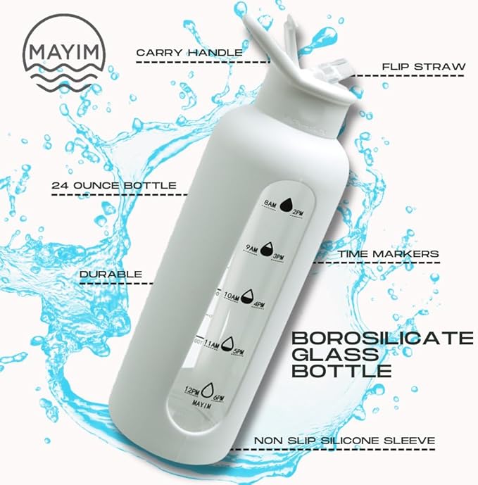 Mayim 24 Oz Glass Tumbler with Straw and Handle, Reusable Motivational Glass Water Bottle with Silicone Sleeve and Time Marker, Leak Proof Borosilicate Water Bottle -White