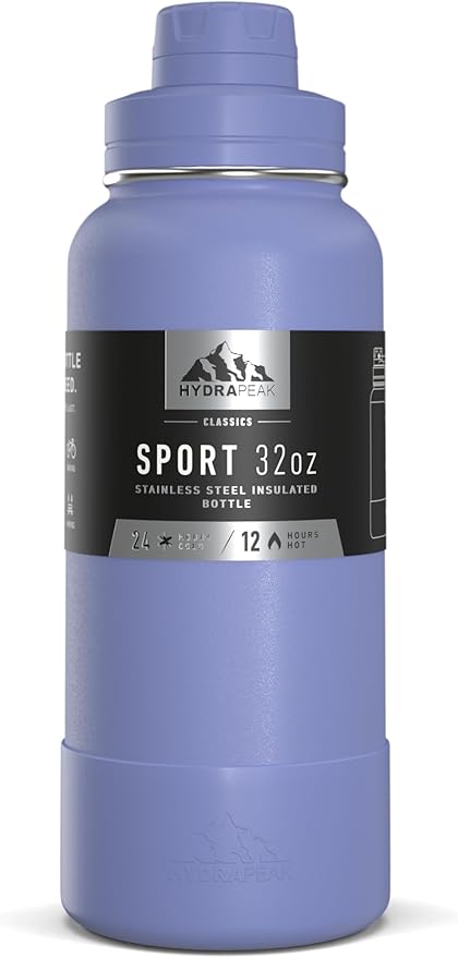 Hydrapeak 32oz Sport Insulated Water Bottle with Chug Lid, Leak & Spill Proof, Keeps Drinks Cold for 24 Hours, Hot for 12 Hours, Premium Stainless Steel Water Bottles (32oz, Iris)