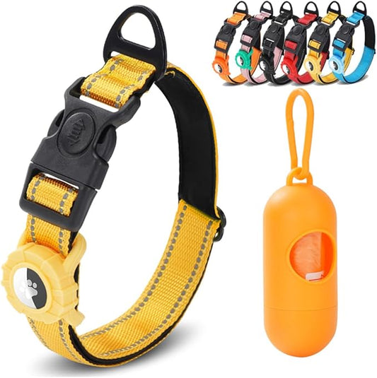 JSXD AirTag Dog Collar, Night Reflective Nylon Dog Collar for Small Medium Large Dogs,Lockable Quick Release Buckle,Padded Breathable Pet Collar with AirTag Holder (Yellow, Medium)