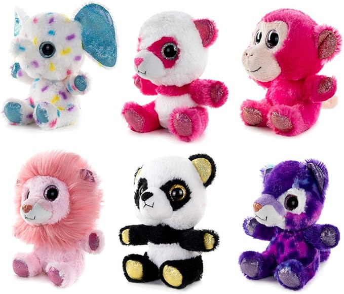My OLi 5" Plush Toys Set Stuffed Animals Bundle of Zoo Animal Toys Lion/Monkey/Elephant/Pink Bear/Purple Bear/Panda Stuffed Animals Pack of 6 for Babies Kids Girls Boys