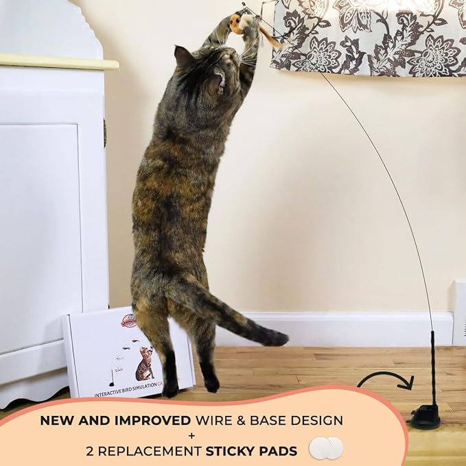 Interactive Bird Simulation Cat Toy Set, Interactive Cat Toys for Indoor Cats, Cat Feather Toy, Self-Holding Suction Base, 5 Replacement Birds, Feathers & Bells (Standard Hybrid Bundle)