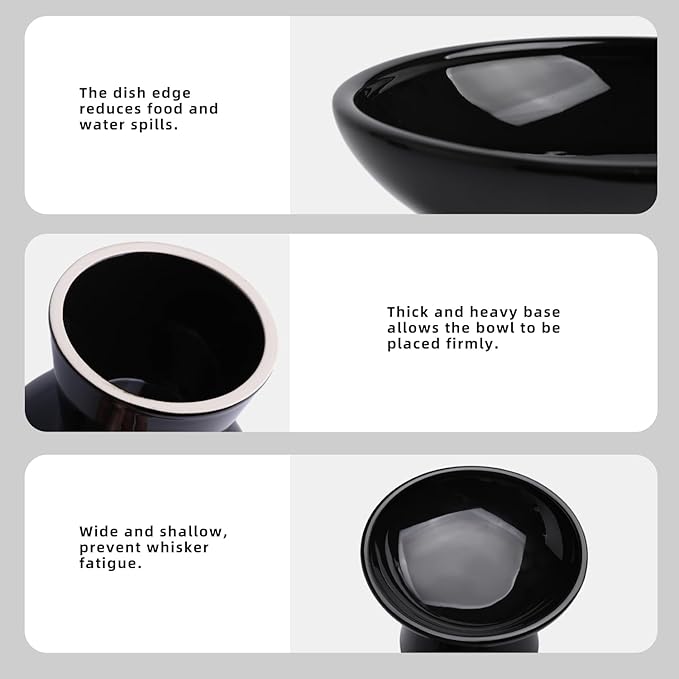 Extra Wide Elevated Cat Food Bowl, Ceramic Cat Bowls for Food and Water, Wide Shallow Cat Food Dish, Whisker Fatigue, Lead & Cadmium Free, Great Height for Cat（Black-1pc）
