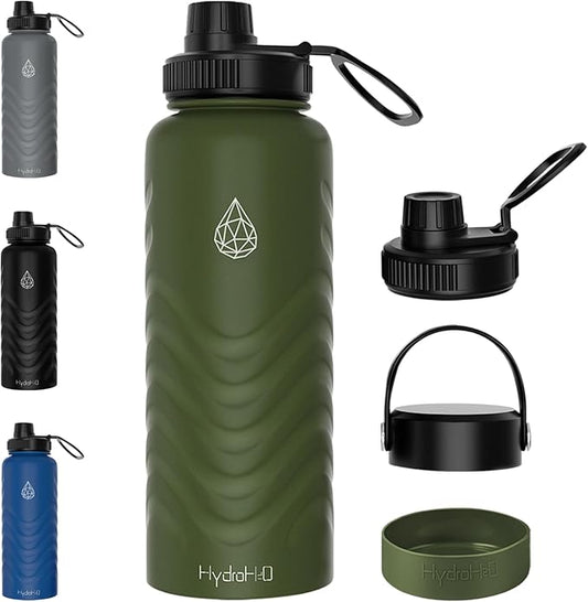 Insulated Water Bottle 32 oz - Green Water Bottle with Straw (Straw Lid & Spout Lid) & Silicone Handle & Boot - Wide Mouth Stainless Steel Water Bottles - BPA Free - (Green, 1000ml)