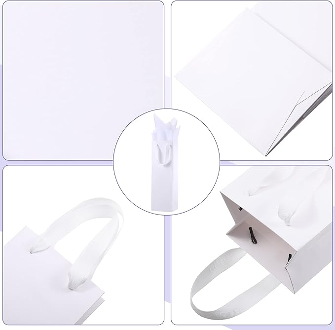 24 Pieces Christmas Kraft Wine Bag Paper Wine Bag, Wine Bottle Bag Holder with Handles with Kraft Tissue Paper Retail Wine Bag Bulk for Wedding Party, 4 x 3.5 x 14 Inch(White)