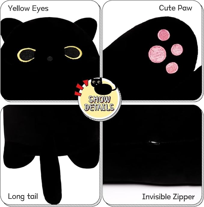 Soft Plush Cat Body Pillow, Long Stuffed Animal Toy Kitten Throw Pillow Gift for Kids, Girlfriend (50CM,Black)