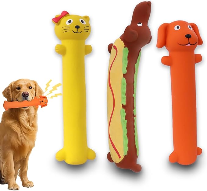 3 Pcs Original Squeaky Latex Dog Toy for Small Medium Large Breeds, Rubber Bite Force Pet Toys for Cat Puppy Animal, Safe and Easy to Clean 9-11 inch