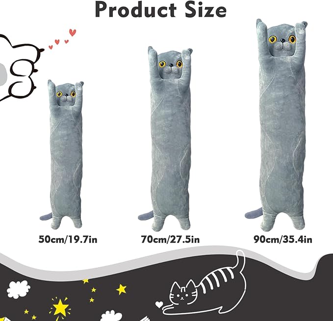 Long Cat Plush Pillow, 35.4in Cute Gray Cat Plushie Stuffed Animals Body Pillow, Kawaii Kitten Soft Plushie Doll Toy Birthday Gift for Kids Girlfriend