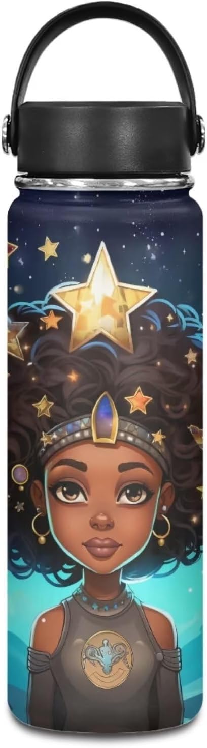 African Princess Insulated Water Bottle 20 oz Stainless Steel Bottle Reusable Wide Mouth African American Girl Water Bottle with Handle Thermal Mug Sports Water American Girl