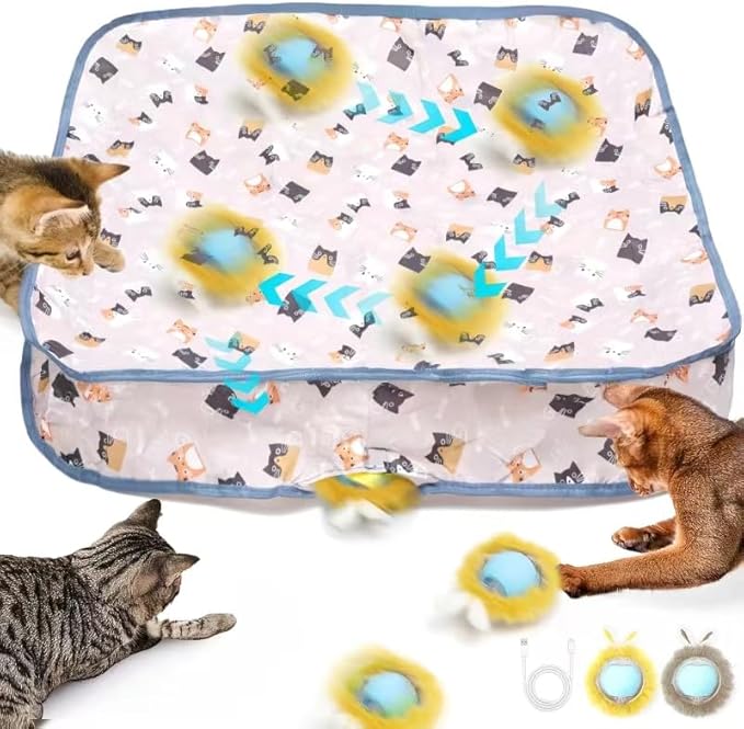 Interactive Cat Toy Ball, Automatic Moving Cat Ball in Pouch,Interactive Cat Toys for Indoor Cats,Motion Activate Cat Toy Hide and Seek Mouse Catching Game ,Kitten Toys, Play Mat for Cats(Square）