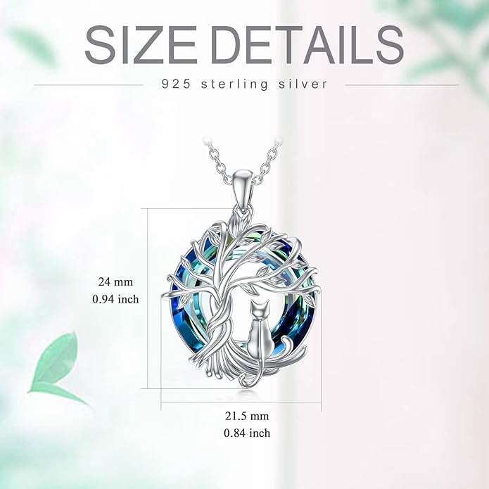 TOUPOP Cat Gifts for Cat Lovers Sterling Silver Cute Cat Tree of Life Pendant Necklace with Blue Circle Crystal Birthday Christmas Jewelry Gifts for Women