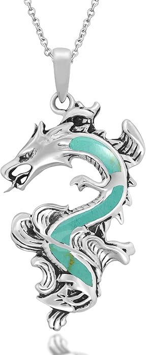 AeraVida Legendary Chinese Dragon Charm Stone Inlaid Accent .925 Sterling Silver Pendant on 18-inch Chain Necklace | Dragon Jewelry Necklace Accessory for Men Women Unisex