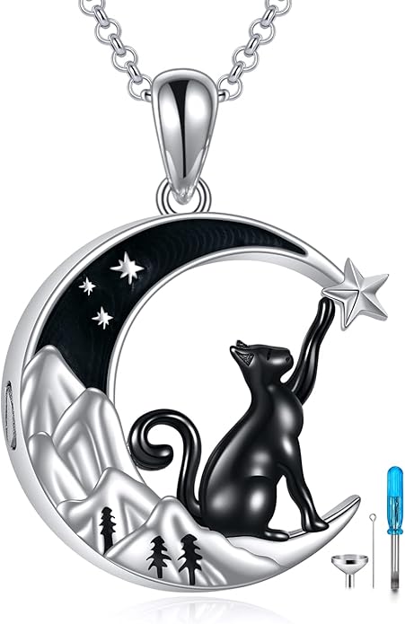 925 Sterling Silver Moon Black Cat Necklace for Women - Tree of Life Jewelry with Abalone Stone - Cat Lover Birthday Gift