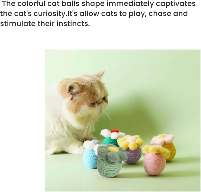 6Pcs Cactus Cat Toy Balls Cotton Rope Pet Scratching Assorted Colored Cat Rope Balls Chew Eco-Friendly Toy Pets Interactive Toy Cat Toys (Assorted Colored, 6pcs)