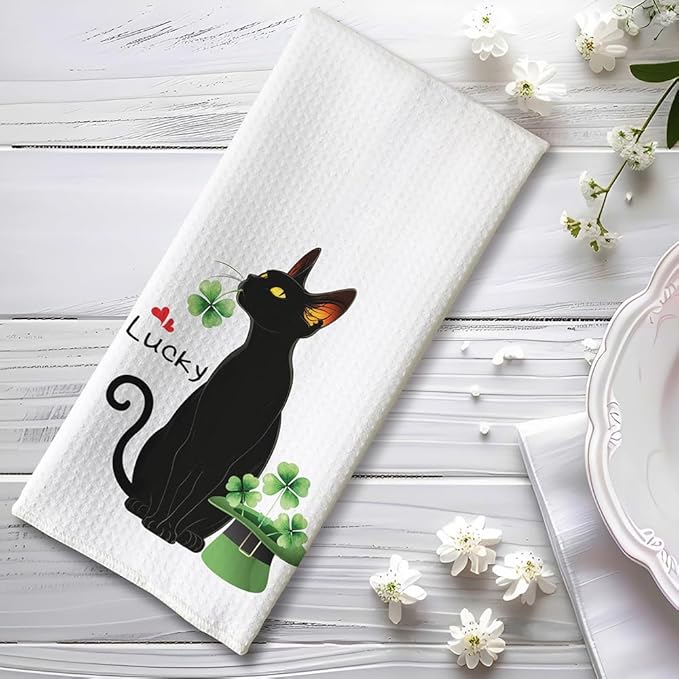 Black Cat Gifts,Shamrock St. Patrick's Day Cat Dish Towels,Cat Kitchen Towels,Cat Hand Towel,Cat Mom Gifts,Gifts for Cat Lovers for Women,Cat Lady Gifts,Crazy Cat Lady Gifts,Black Cat Gifts for Women