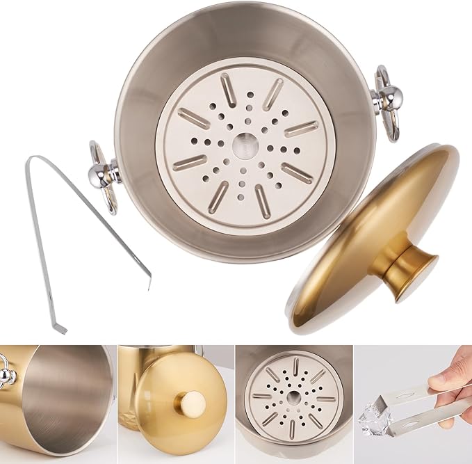 Ice Bucket with Lid, 3L Double Wall Stainless Steel Ice Bucket Keeps Frozen Longer, Insulated Ice Bucket with Tong and Strainer, Perfect for Parties, Cocktail bar, Wine, Champagne, Gold