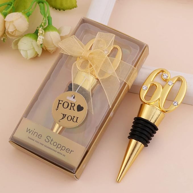 24-Pack 60 Wine Bottle Stopper to Keep for 60th Birthday Party Decoration 60 Years Old Wine Stopper Fun Gift for Wine Lovers (Gold 60th)
