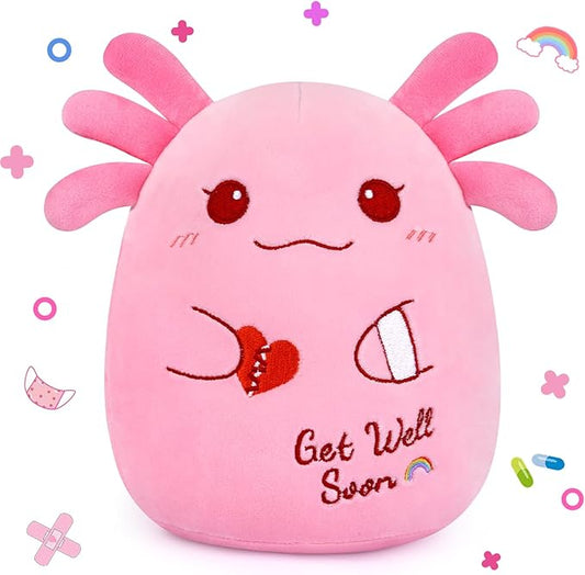 Get Well Soon Axolotl Plush Toy, Pink Axolotl Get Well Soon Gift for Kids Women,Soft Stuffed Animal Cute Pink Huggable Pillow Kawaii Plushies Gift for Girls Boys
