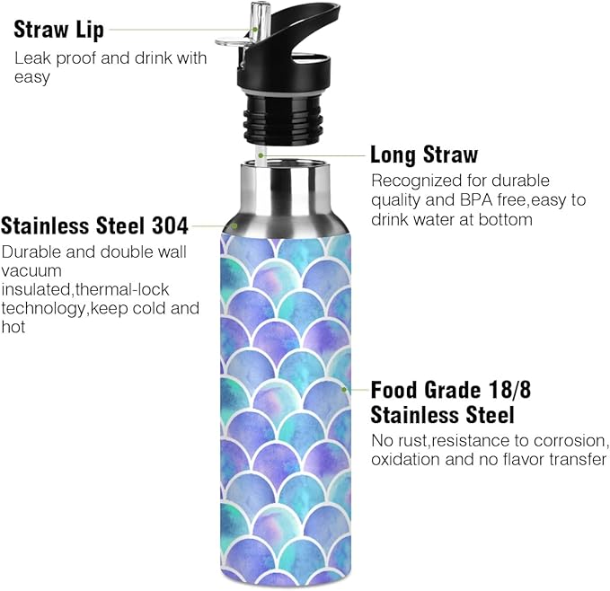 MNSRUU Insulated Water Bottle with Straw, Rainbow and Unicorns Stainless Steel Flasks for Sports Cycling Hiking School