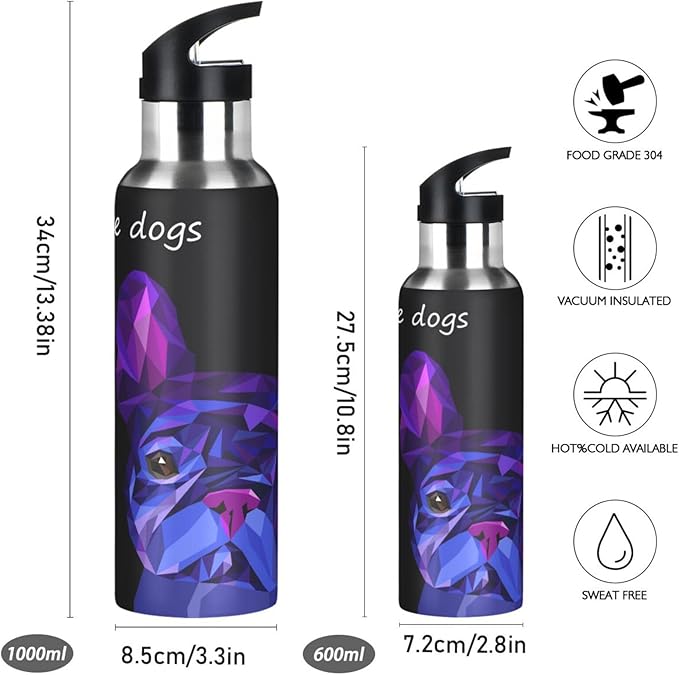 ALAZA Dog Cute Pet Animal Bulldog Water Bottle With Straw Lids Boys Girls,Vacuum Insulated Leakproof Stainless-Steel Sports Bottle Thermal Flask For Gym Yoga Camping,34Oz (1000Ml)