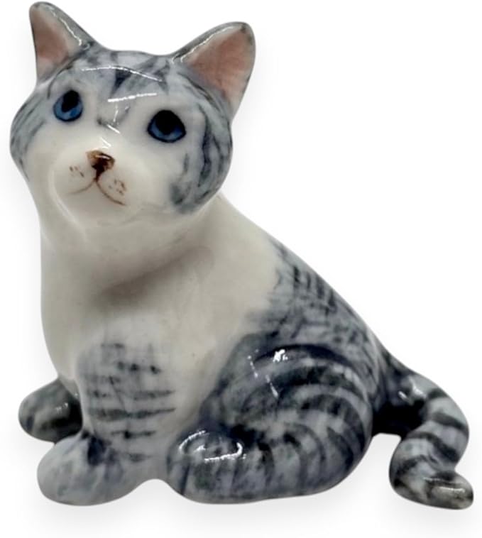 WitnyStore Tiny 1½" Gray White Tabby Shorthair Cat Sitting Look Left Figurine - Miniature Hand Made Painted Ceramic Cats Kitten Feline Animal Cute Porcelain Decorative Collectible Figures Décor Gifts