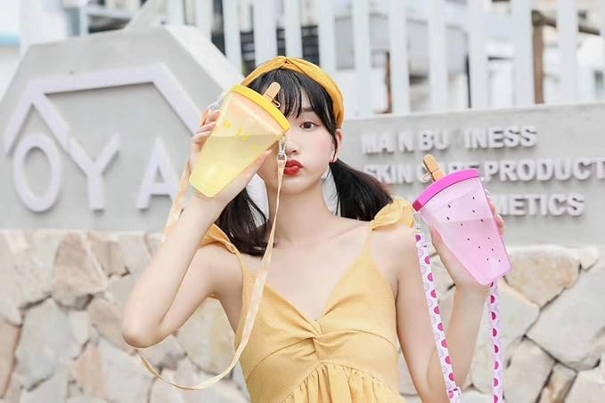 Ice Cream Pink Cup with Straw Birthday Party Gift Picnic Ice Water Bottle Travel Mug with Strap (Ice Cream Dragon fruit, 320 ml)