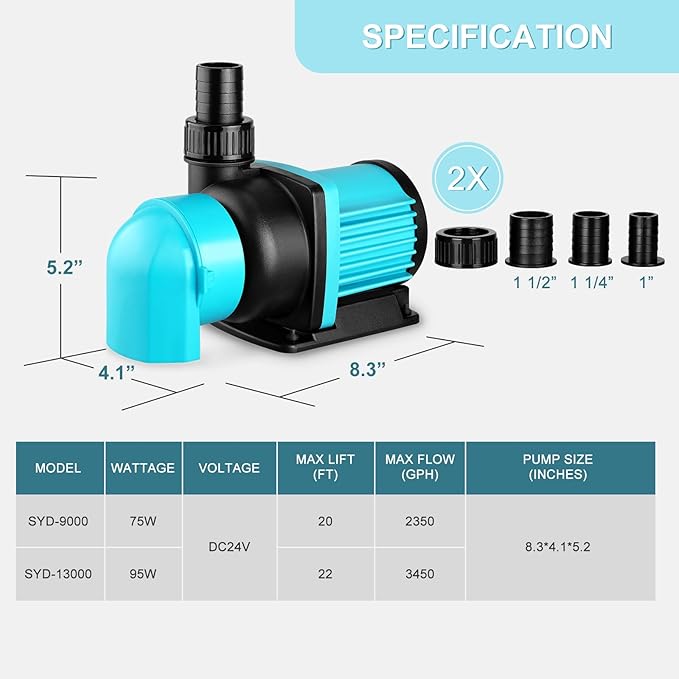 3450GPH Aquarium Return pump with LCD display controller, DC 24V 95W aquarium pump for saltwater freshwater aquarium,fish tank,sump,20 speeds ECO Quiet Submersible and inline pump