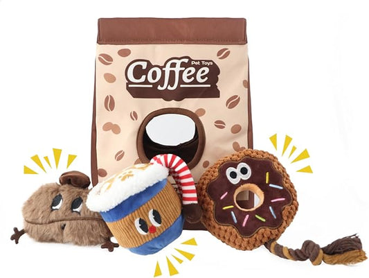 Squeaky Dog Toys Coffee Bag Set - Chew-Proof 4-in-1 Hide & Seek Tug Plush Toy with 3 Chew Toys (Bean/Cup/Donut) to Keep Them Busy, Best Birthday Gift for Small Medium Large Dogs