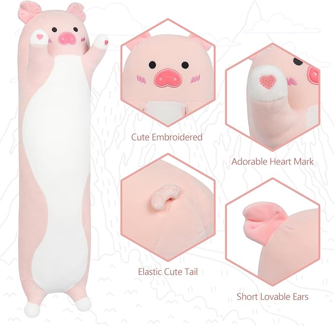 Long Pig Plush Pillow,35.5" Large Pig Stuffed Animal,Weighted Pig Plush,Cuddly Sleeping Hugging Pillows, Soft Giant Body Pillow,Beloved Pig Plush Toy Gift at Birthday