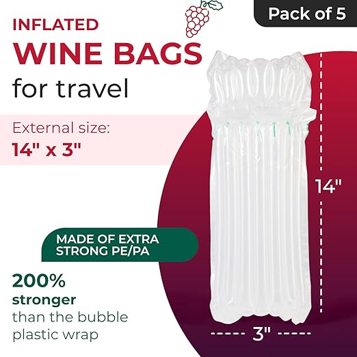 IDL Packaging Inflated Wine Bags for Travel, Pack of 5 - Reusable Air Column Bags for up to 750 ml Bottles - Wine Bottle Protector for Packing, Travel and Shipping - Glass Cushioning