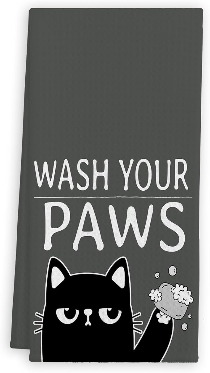 QIYUHOY Black Cat Dish Towels and Cloths, Wash Your Paws, Cat Theme Gifts for Lovers, Hand Towels, 24x16 Inch (Gray)