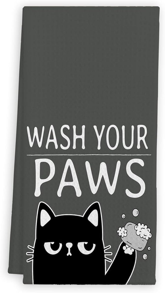 QIYUHOY Black Cat Dish Towels and Cloths, Wash Your Paws, Cat Theme Gifts for Lovers, Hand Towels, 24x16 Inch (Gray)