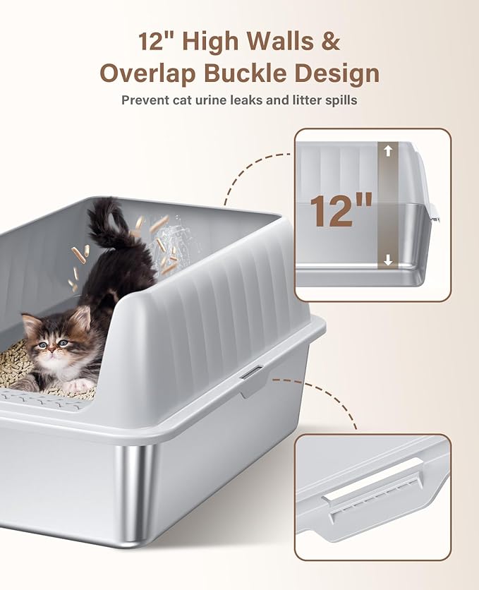 Cat Litter Box Stainless Steel XL with Lid, Enclosed Metal Extra Large Litter Box Pan High Sided with Scoop for Big Cats, Non-Sticky, Anti-Urine Leakage, Easy Cleaning