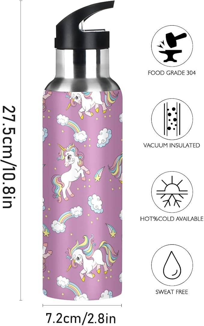 MNSRUU Insulated Water Bottle with Straw, Rainbow and Unicorns Stainless Steel Flasks for Sports Cycling Hiking School