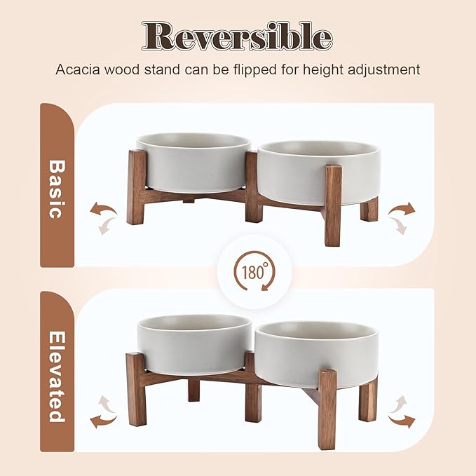 SPUNKYJUNKY Ceramic Dog Bowls Set with Acacia Wood Stand - Raised Dog Food and Water Bowl for Small Dogs (13.52 OZ, Gray)