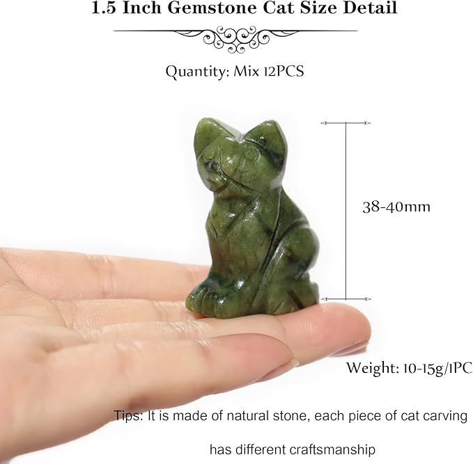 Crystal Cat Figurines Mix 12PCS, 1.5'' Hand Carved Cat Figurine, Healing Cat Statues and Figurines Gemstone Kitten Animal Carving for Collectible Figurines, Home Decor