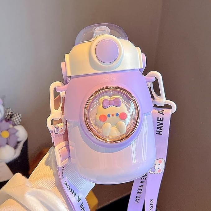 Kawaii Water Bottle with Straw,Travel Cute Water Bottles with Adjustable Strap Leak Proof BPA Free Wide Mouth Water Cup with Lid for Girls, School (Purple)