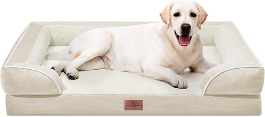 Comfort Expression Orthopedic Jumbo Dog Beds Waterproof, Extra Large Dog Beds Jumbo Breed, PV Washable Pet Sofa Couch with Removable Cover & Non-Slip Bottom(Beige)