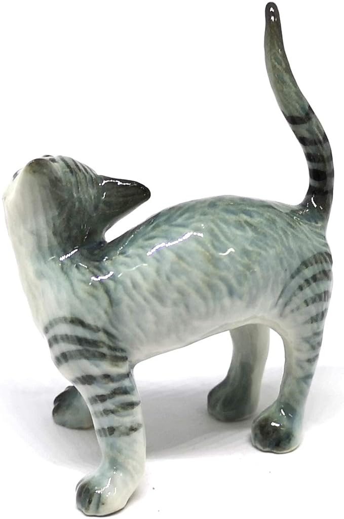 ZOOCRAFT Ceramic Cat Figurine Miniatures Stretching Gray Pet Lovers Collectibles Hand Painted Animal Poecelain