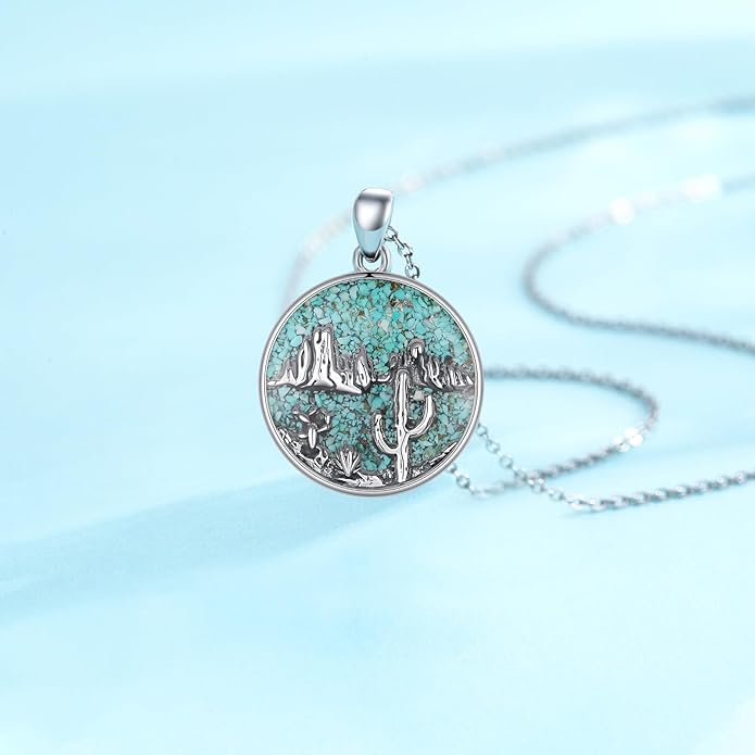 Midir&Etain Western Necklace 925 Sterling Silver Turquoise Pendant Cow Skull/Hat/Tag/Cactus Cowgirl Country Jewelry for Women Men